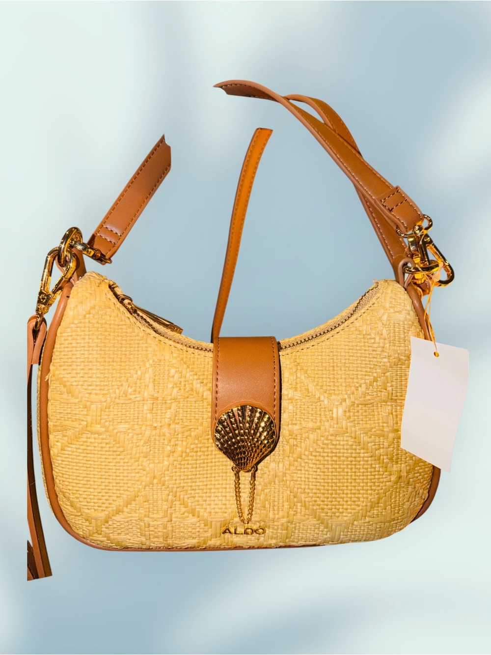 ALDO Woven Raffia Shoulder Crossbody Bag Shell Charm Natural Tan NWT